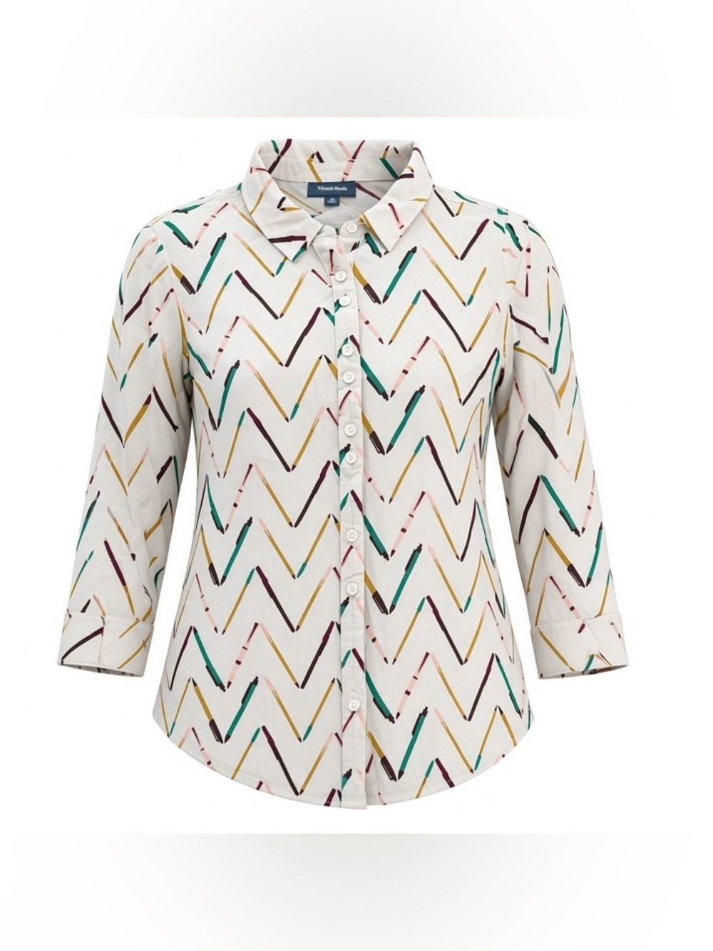ModCloth Women’s White Chevron Button-Up Shirt Multicolor Accents Size M Rayon - Picture 3 of 7